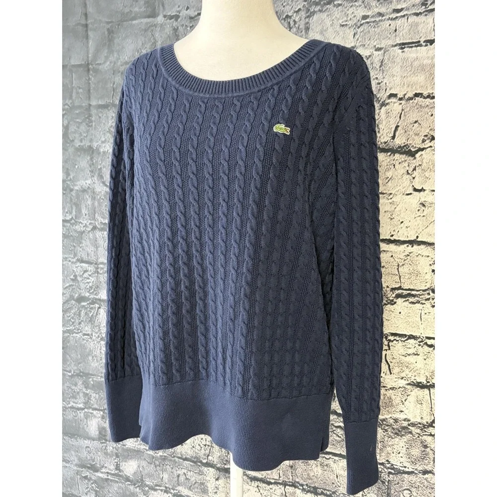 Lacoste Sweater Womens 44 Blue 100% Cotton Cable Knit Logo Button Cuff Pullover